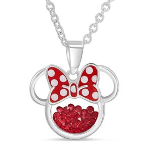 Disney Jewelry for Women and Girls Minnie Mouse July Birthstone Ruby Red Cubic Zirconia Shaker Pendant Necklace, Silver Plated, 18+2" Extender