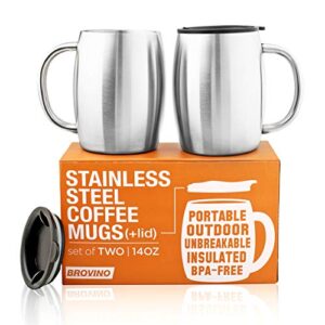stainless steel coffee mugs with lid ( set of 2 ) - 14 oz double walled steel coffee glasses with lid & handle - coffee to go, travel, outdoor, camping - vacuum, shatterproof, durable coffee mug