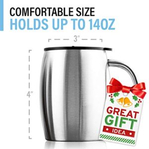 Stainless Steel Coffee Mugs with Lid ( Set of 2 ) - 14 oz Double Walled Steel Coffee Glasses with Lid & Handle - Coffee to Go, Travel, Outdoor, Camping - Vacuum, Shatterproof, Durable Coffee Mug