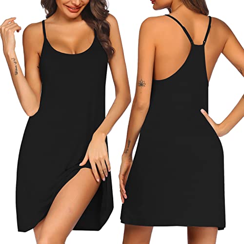 Ekouaer Women Nightgowns Spaghetti Strap Solid Nighties Sleeveless Sleepwear Dress Black Large