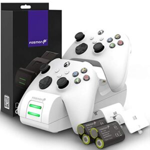 fosmon dual 2 max charger with 2x 2200mah rechargeable battery pack compatible with xbox series x/s(2020), xbox one/one x/one s elite controllers, high speed charging docking station kit - white