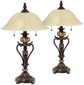 kathy ireland amor traditional vintage table lamps 26" high set of 2 bronze brown marble alabaster champagne glass shade decor for living room bedroom house nightstand home office family