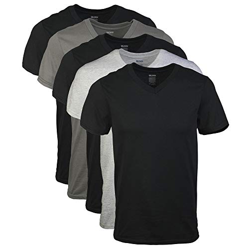 Gildan Men's V-Neck T-Shirts, Multipack, Style G1103, Black/Sport Grey/Charcoal (5-Pack), Large