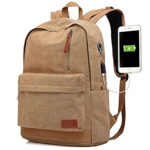 uniwalk canvas laptop backpack, waterproof college backpack with usb charging port for men women, vintage anti-theft travel daypack rucksack fits up to 15.6 inch computer(brown)