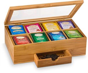 bambüsi bamboo tea box organizer - premium wood tea chest with slide-out drawer & acrylic window, magnet lid keeps teabag fresh - countertop & cabinet organization (teabags not included) | gift idea