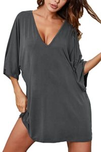 ekouaer deep v neck sleepshirt sexy cotton nightshirt for women, gray, large