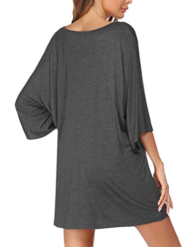 Ekouaer Deep V Neck Sleepshirt Sexy Cotton Nightshirt For Women, Gray, Large