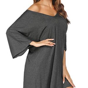 Ekouaer Deep V Neck Sleepshirt Sexy Cotton Nightshirt For Women, Gray, Large