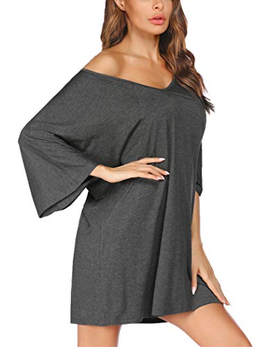 Ekouaer Deep V Neck Sleepshirt Sexy Cotton Nightshirt For Women, Gray, Large