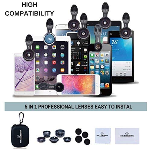 SHUTTERMOON Upgraded Phone Camera Lens Kit for iPhone 13/12/11/X/8/7 Smartphones/Pixel/Samsung/Android Phones Camera. 2xTele Lens Zoom Lens+Fisheye Lens+Super Wide Angle Lens&Macro Lens+CPL (5 in 1)