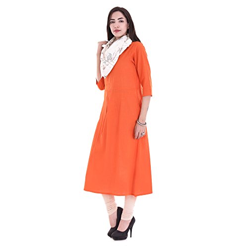 Indian Women's Plain With Scarf Rayon Kurti Orange Top By Chichi, Small