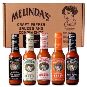 melinda’s habanero hot sauce variety pack - extra spicy gourmet hot sauce gift set with variety of heat levels - includes xxxxtra reserve, garlic habanero, extra hot, mango, ghost pepper- 5 oz, 5 pack
