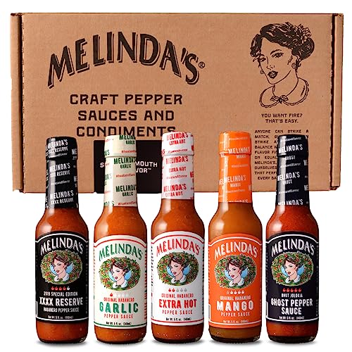 Melinda’s Habanero Hot Sauce Variety Pack - Extra Spicy Gourmet Hot Sauce Gift Set with Variety of Heat Levels - Includes XXXXtra Reserve, Garlic Habanero, Extra Hot, Mango, Ghost Pepper- 5 oz, 5 Pack