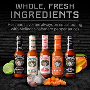 Melinda’s Habanero Hot Sauce Variety Pack - Extra Spicy Gourmet Hot Sauce Gift Set with Variety of Heat Levels - Includes XXXXtra Reserve, Garlic Habanero, Extra Hot, Mango, Ghost Pepper- 5 oz, 5 Pack