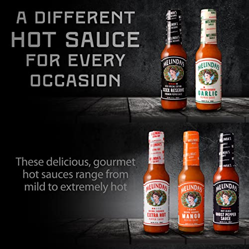 Melinda’s Habanero Hot Sauce Variety Pack - Extra Spicy Gourmet Hot Sauce Gift Set with Variety of Heat Levels - Includes XXXXtra Reserve, Garlic Habanero, Extra Hot, Mango, Ghost Pepper- 5 oz, 5 Pack