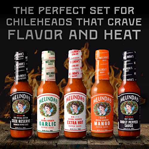 Melinda’s Habanero Hot Sauce Variety Pack - Extra Spicy Gourmet Hot Sauce Gift Set with Variety of Heat Levels - Includes XXXXtra Reserve, Garlic Habanero, Extra Hot, Mango, Ghost Pepper- 5 oz, 5 Pack