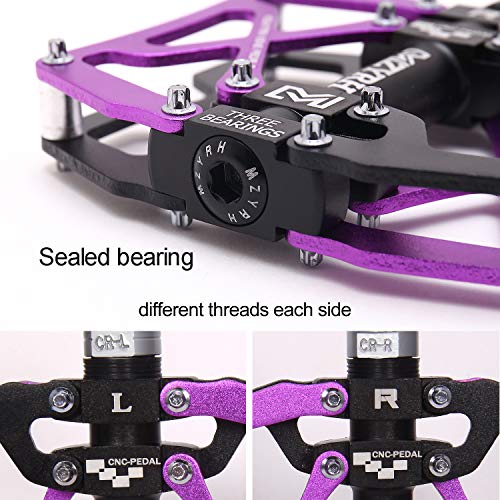 MZYRH Mountain Bike Pedals, Ultra Strong Colorful CNC Machined 9/16" Cycling Sealed 3 Bearing Pedals(Purple 3 Bearings)