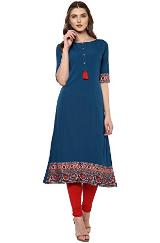 Janasya Indian Women's Tunic Tops Crepe Kurti For Women(JNE2100-KR-144-L) Turquoise