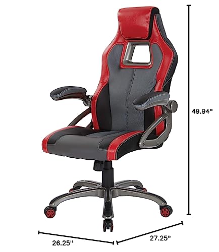 OSP Home Furnishings Mesh and Bonded Leather Adjustable Race Car Office Chair, Charcoal Grey and Red