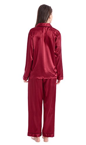 Tony & Candice Women's Classic Satin Pajama Set Sleepwear Loungewear (Large, Burgundy with Black Piping)