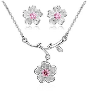 uloveido pink cherry flower jewelry set for women - white gold plated necklace and earrings set with cubic zirconia for girls dt340