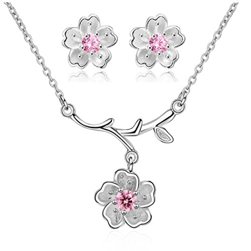 Uloveido Pink Cherry Flower Jewelry Set for Women - White Gold Plated Necklace and Earrings Set with Cubic Zirconia for Girls DT340