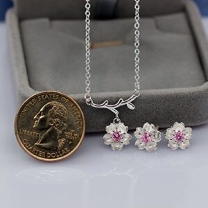 Uloveido Pink Cherry Flower Jewelry Set for Women - White Gold Plated Necklace and Earrings Set with Cubic Zirconia for Girls DT340