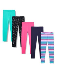 amazon essentials girls' leggings (previously spotted zebra), pack of 5, aqua green/navy/pink/stars/stripe, small
