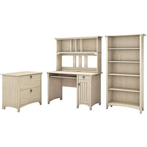 bush furniture salinas mission desk with hutch, lateral file cabinet and 5 shelf bookcase, antique white