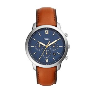 fossil men's neutra quartz stainless steel and leather chronograph watch, color: silver, luggage (model: fs5453)