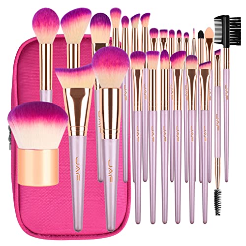 JAF 26pcs Professional Pink Makeup Brushes Set with Case Vegan Synthetic Brushes Set in Zipper Bag Holder Cosmetic Big Makeup Tools Kit for Face Contour Highlighter