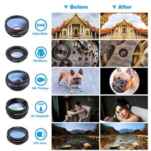 Apexel Phone Camera Lens-Macro Lens+Wide Lens+Fisheye Lens+Telephoto Lens+CPL/Flow/Radial/Star Filter+Kaleidoscope 3/6 Lens 10 in 1 Lens Kit +Remote Shutter for iPhone, Samsung,LG and Most Smartphones