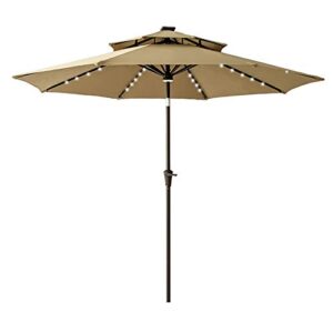 flame&shade 9 ft double top solar powered outdoor market patio table umbrella with led lights and tilt, beige