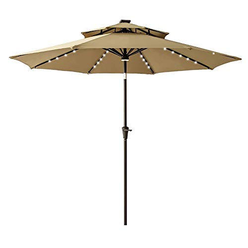 FLAME&SHADE 9 ft Double Top Solar Powered Outdoor Market Patio Table Umbrella with LED Lights and Tilt, Beige