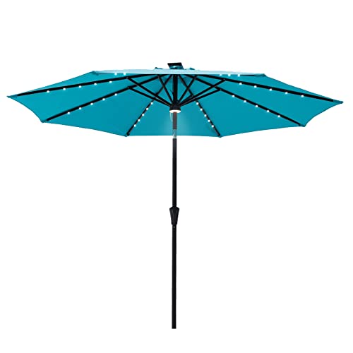 FLAME&SHADE 10 ft Solar Powered Outdoor Market Patio Table Umbrella with LED Lights and Tilt, Aqua Blue