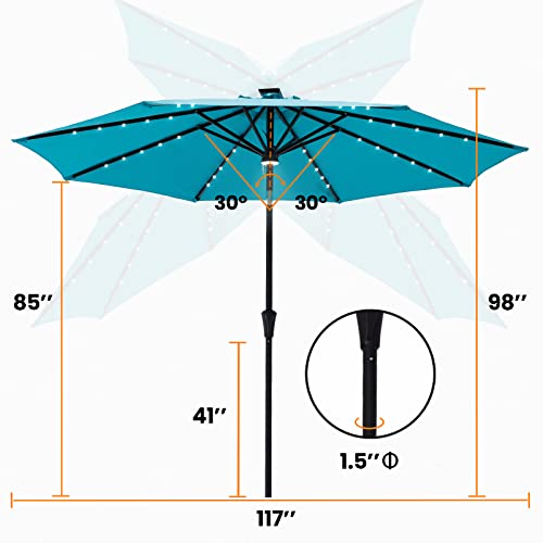 FLAME&SHADE 10 ft Solar Powered Outdoor Market Patio Table Umbrella with LED Lights and Tilt, Aqua Blue