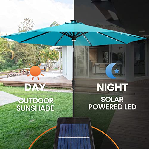 FLAME&SHADE 10 ft Solar Powered Outdoor Market Patio Table Umbrella with LED Lights and Tilt, Aqua Blue