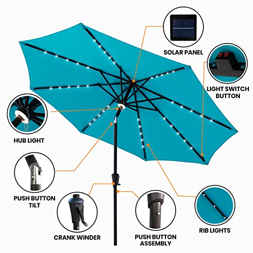 FLAME&SHADE 10 ft Solar Powered Outdoor Market Patio Table Umbrella with LED Lights and Tilt, Aqua Blue