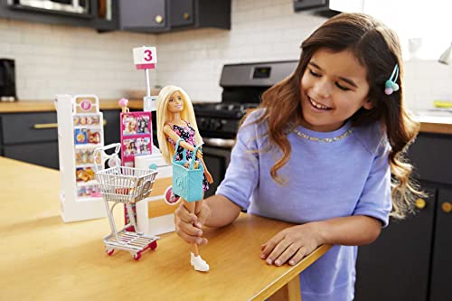 Barbie Doll & Playset, Supermarket with 25 Grocery Store-Themed Accessories Including Food, Check-Out Counter & Shelves