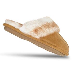 Jessica Simpson Women's Comfy Faux Fur House Slipper Scuff Memory Foam Slip on Anti-Skid Sole, Tan, Large