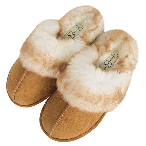 Jessica Simpson Women's Comfy Faux Fur House Slipper Scuff Memory Foam Slip on Anti-Skid Sole, Tan, Large