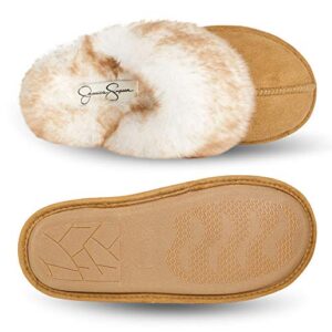 Jessica Simpson Women's Comfy Faux Fur House Slipper Scuff Memory Foam Slip on Anti-Skid Sole, Tan, Large