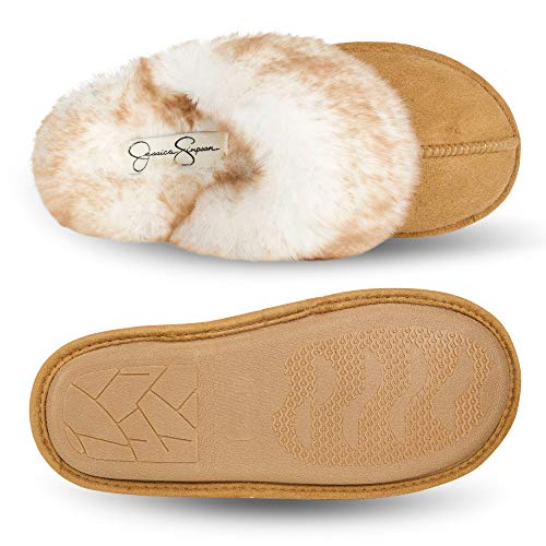 Jessica Simpson Women's Comfy Faux Fur House Slipper Scuff Memory Foam Slip on Anti-Skid Sole, Tan, Large