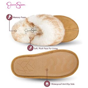 Jessica Simpson Women's Comfy Faux Fur House Slipper Scuff Memory Foam Slip on Anti-Skid Sole, Tan, Large