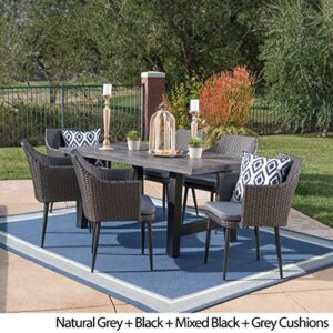 Christopher Knight Home Atina Outdoor Wicker Dining Set with Lightweight Concrete Table and Water Resistant Cushions, 7-Pcs Set, Natural Grey / Black / Mixed Black / Grey Cushions