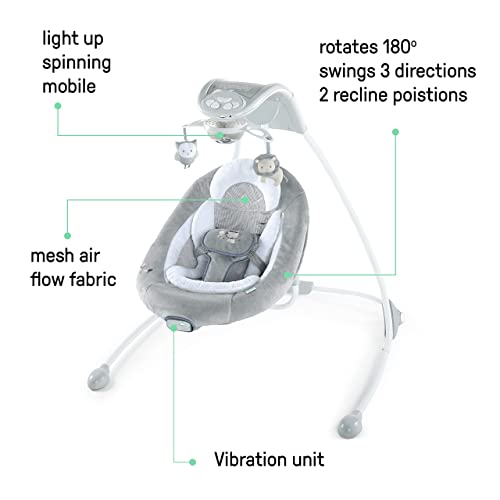 Ingenuity InLighten Baby Swing - Cool Mesh Fabric, Vibrations, Swivel Infant Seat, Nature Sounds, Light Up Motorized Mobile - Braden