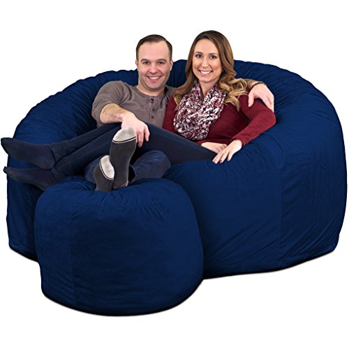 ULTIMATE SACK 6000 Bean Bag Chair w/Footstool: Giant Foam-Filled Furniture - Machine Washable Covers, Double Stitched Seams, Durable Inner Liner, and Virgin Foam Footstool Incl.(Electric Blue, Suede)