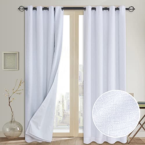 RHF 100% White Blackout Curtains for Bedroom 84 Inches Long (with Liner), White Linen Blackout Curtains for Living Room 2 Panels Set, Grommet Curtains & Drapes, Burlap Curtains- 2 Panels, 50x84