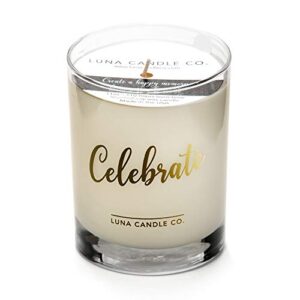 luna candle co. vanilla scented jar candle in 11oz. clear glass, single wick, soy wax, up to 110 hours of burn time, great gift for home, wedding, birthday, spa- celebrate