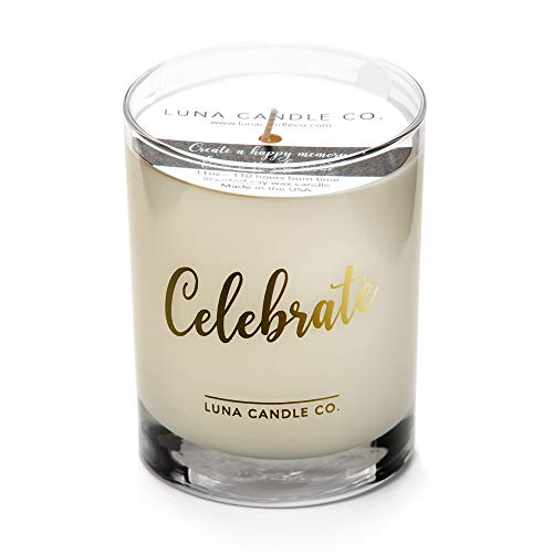 LUNA CANDLE CO. Vanilla Scented Jar Candle in 11oz. Clear Glass, Single Wick, Soy Wax, Up to 110 Hours of Burn Time, Great Gift for Home, Wedding, Birthday, Spa- Celebrate